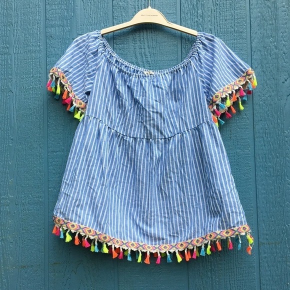 Entro Striped Off the Shoulder Tassel Blouse Top Shirt Boho - Picture 2 of 5